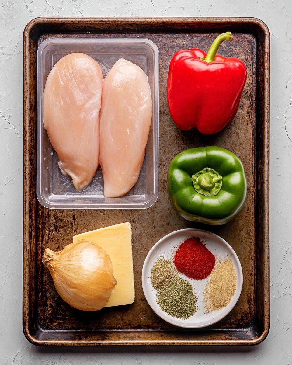 Two raw chicken fillets in a clear plastic tray are positioned on the left side of a dark, used baking tray. On the right side, from top to bottom, there is one red bell pepper and one green bell pepper, both smooth and shiny. Below the peppers, there is a whole yellow onion with dry skin, and next to it at the bottom right corner of the tray is a small white bowl holding two piles of spices: one red powder and one mix of dried green herbs. At the bottom left of the tray, there is a round piece of pale yellow cheese with a smooth surface. The baking tray rests on a surface with a white marbled texture. photo taken with an iphone --ar 4:5 --v 7