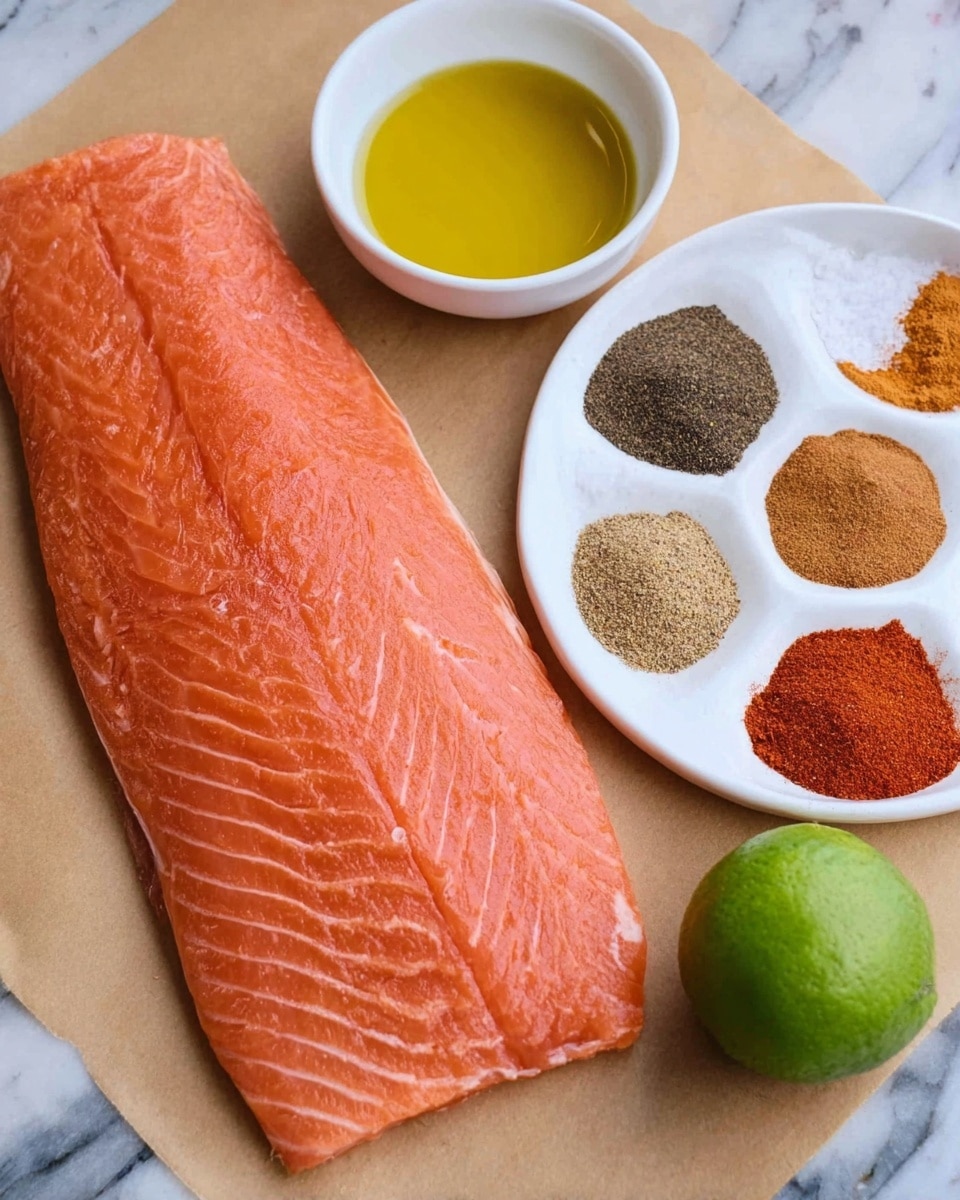 A large, smooth, fresh salmon fillet with a light pink-orange color and thin white lines running in a chevron pattern, lying flat on light brown parchment paper. To the right, a white bowl contains five separate piles of colorful spices: black, light brown, darker brown, red, and white, each with a powdery texture. Above the salmon is a small white bowl filled with a golden yellow liquid, likely oil. To the right of everything is a bright green lime with a slightly textured skin, all placed on a surface with a white marbled texture photo taken with an iphone --ar 4:5 --v 7