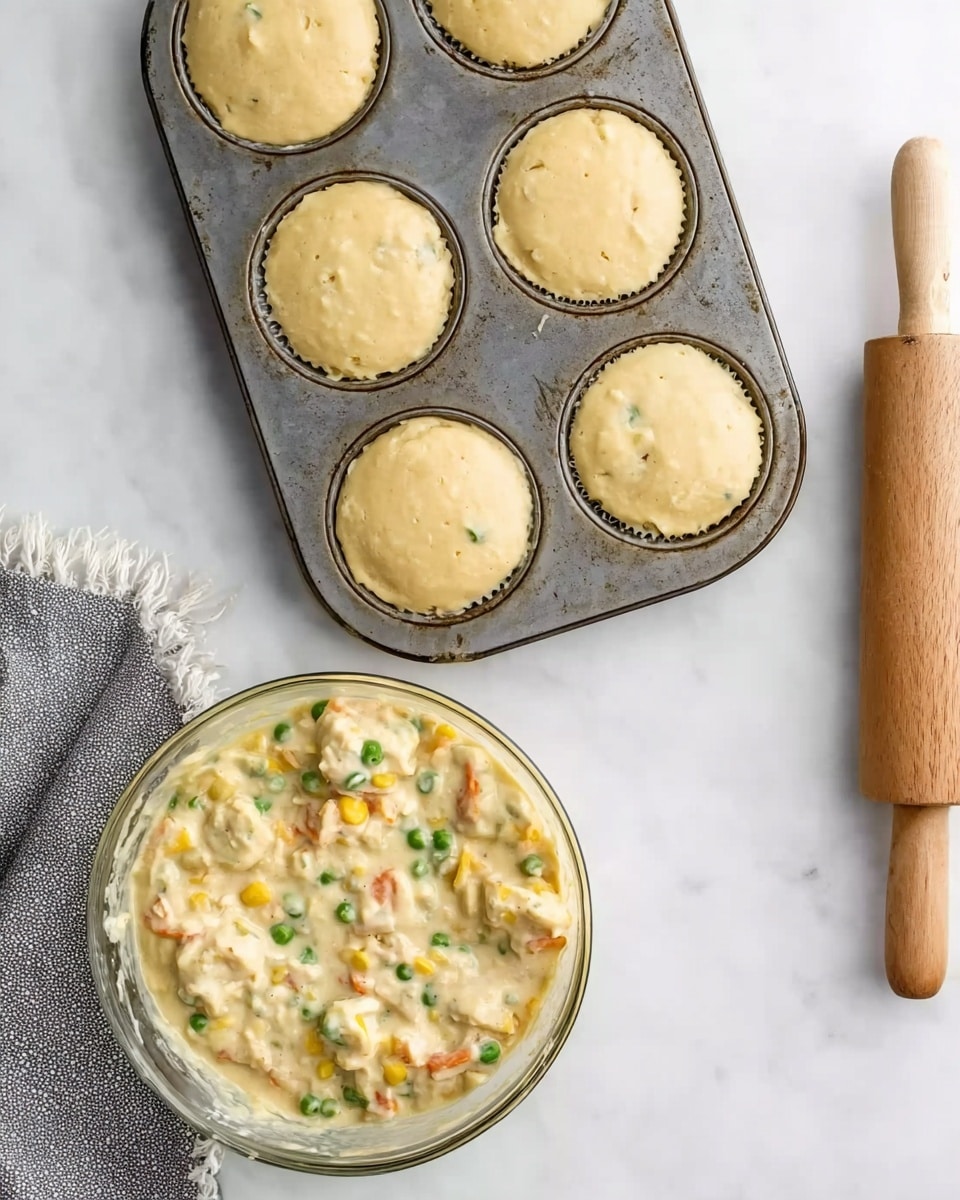 A top-down view shows a metal muffin tray with six round dough shells, each pale beige and smooth, evenly placed, inside the cup holders. Below the tray is a clear glass bowl filled with a creamy mixture containing chunks of light-colored meat or vegetables, small green peas, orange carrot pieces, and yellow corn kernels, all coated in a thick, pale yellow sauce with some visible texture. To the upper right side of the image is a wooden rolling pin, and the whole scene sits on a white marbled surface. A gray cloth with a white fringe edge is partially visible in the lower left corner. photo taken with an iphone --ar 4:5 --v 7