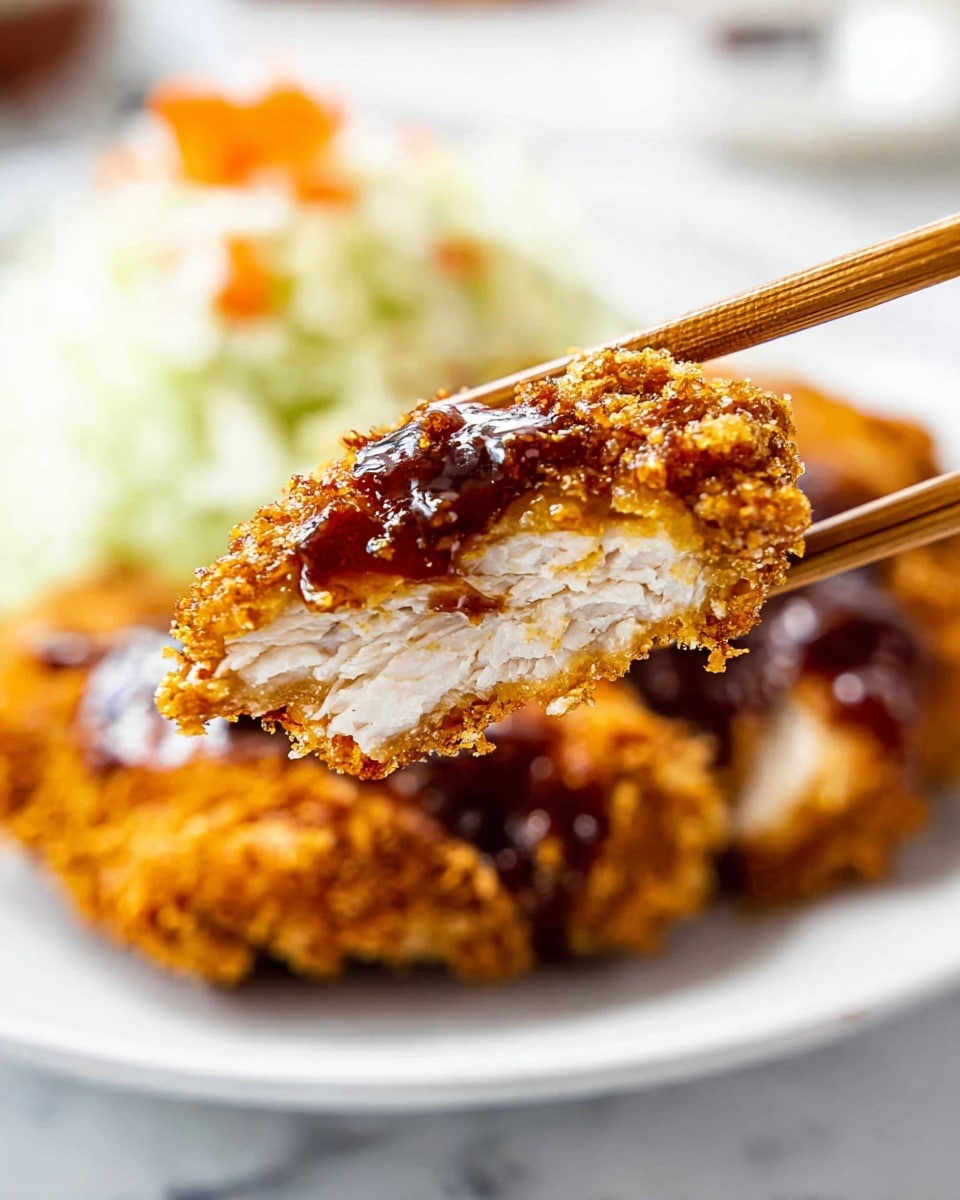 A piece of crispy fried chicken with a golden brown crunchy crust is held by wooden chopsticks in the center of the image. The chicken is coated with a shiny dark brown sauce on top, and the inside is tender and white. In the blurred background on a white plate, there is another crispy chicken piece, a scoop of light green coleslaw, and some small orange carrot pieces. The whole scene is set on a white marbled surface. photo taken with an iphone --ar 4:5 --v 7