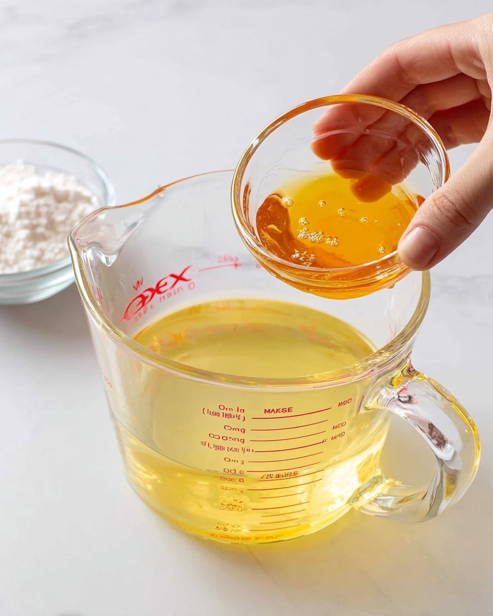A woman's hand is holding a small clear glass bowl filled with a golden amber liquid, tilted slightly above a large clear glass measuring cup filled almost to the top with a pale yellow liquid. The measuring cup has red measurement markings and a handle on the right side, sitting on a white marbled surface. In the background, there is a small clear bowl filled with white powder. The scene is brightly lit and clean. photo taken with an iphone --ar 4:5 --v 7