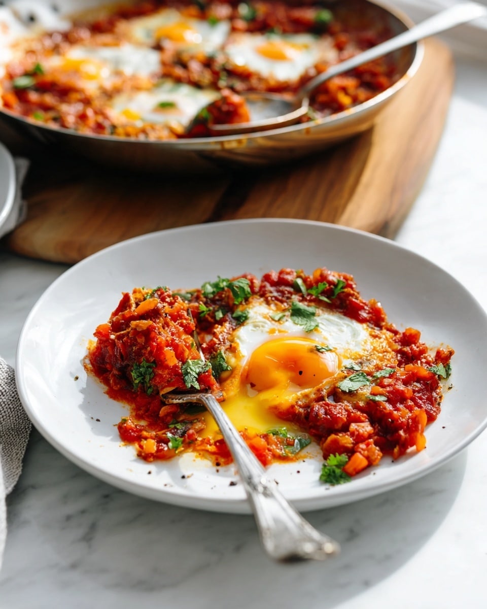 A white round plate holds one layer of bright red chunky tomato sauce mixed with small bits of orange carrot and green herbs, topped with two fried eggs; the eggs have white edges and soft, slightly broken yellow yolks oozing out. A silver fork rests on the plate, with its prongs gently pressing into one of the yolks. In the background, a round pan filled with the same dish sits on a wooden board over a white marbled surface, with a silver spoon resting inside the pan. The light is bright and natural, highlighting the dish’s vibrant colors and textures photo taken with an iphone --ar 4:5 --v 7