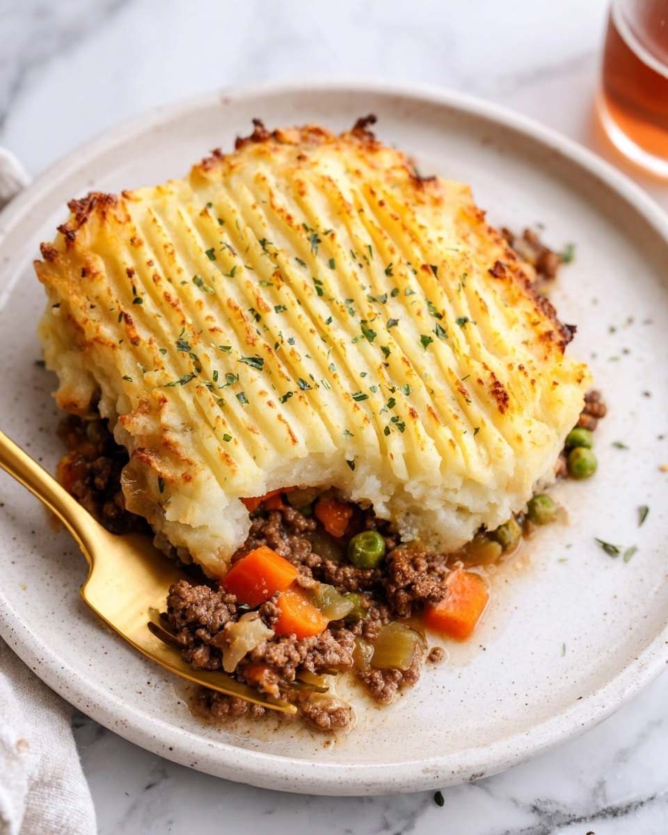 A serving of shepherd's pie with two layers sits on a white plate over a white marbled surface; the top layer is mashed potatoes with a golden brown crispy texture and crosshatched lines, sprinkled with small green herb bits and black pepper; the bottom layer is a mix of browned ground meat and vegetables including orange carrots, green peas, and celery pieces; a gold fork rests under the mashed potato layer, slightly lifting it to show the filling photo taken with an iphone --ar 4:5 --v 7