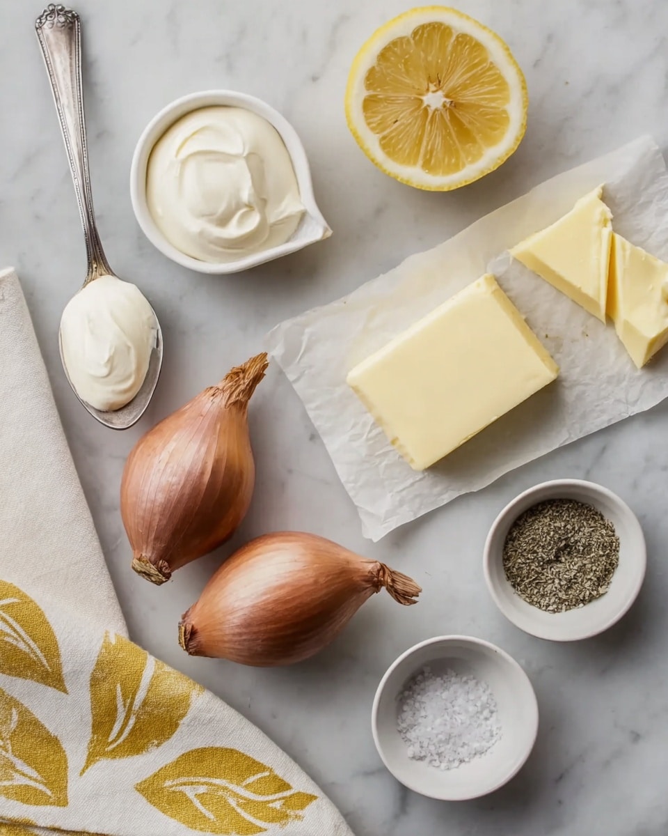 The image shows a simple arrangement of cooking ingredients on a white marbled surface. In the top right, a half lemon with bright yellow flesh lies next to a stick of pale yellow butter on white parchment paper, with three thin butter slices neatly placed beside it. Below the lemon and butter, two medium brown shallots with papery skin rest side by side. To the left, a silver spoon holds a smooth, white creamy substance, angled diagonally with a wooden tool nearby. In the bottom right corner, two small white bowls hold coarse salt and ground black pepper. A white cloth with a yellow leaf pattern is partially visible in the bottom left corner. Photo taken with an iphone --ar 4:5 --v 7