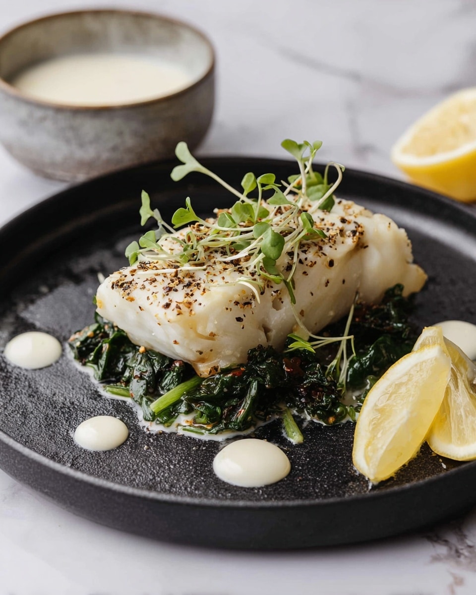 A black round plate on a white marbled surface holds a dish with three main layers. The bottom layer is sautéed dark green leafy vegetables, slightly shiny and wilted. On top of that lies a thick piece of white fish with a lightly browned seared edge, sprinkled with black pepper and small green microgreens. Around the fish and on the plate, there are small dollops of white sauce. Two lemon wedges, pale yellow with white rinds, rest beside the fish. In the background, there is a gray and white bowl with a creamy white liquid inside, partially visible. photo taken with an iphone --ar 4:5 --v 7