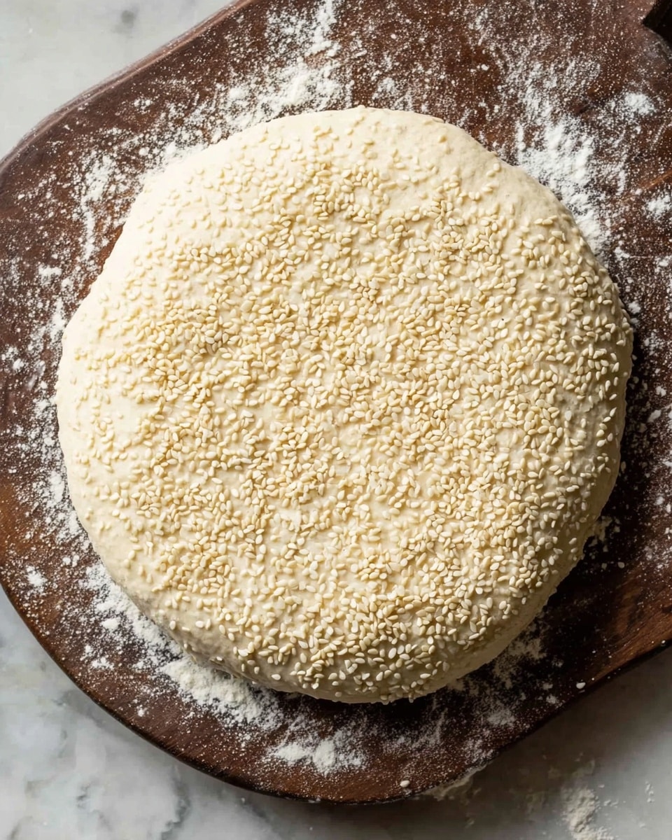 A close-up image of a round dough on a dark wooden board, generously topped with small, pale sesame seeds spread evenly across the entire surface. The dough is light beige with a smooth texture, slightly puffed, and surrounded by scattered white flour. The board rests on a white marbled surface, creating a contrasting background. The dough looks soft and ready to be baked photo taken with an iphone --ar 4:5 --v 7