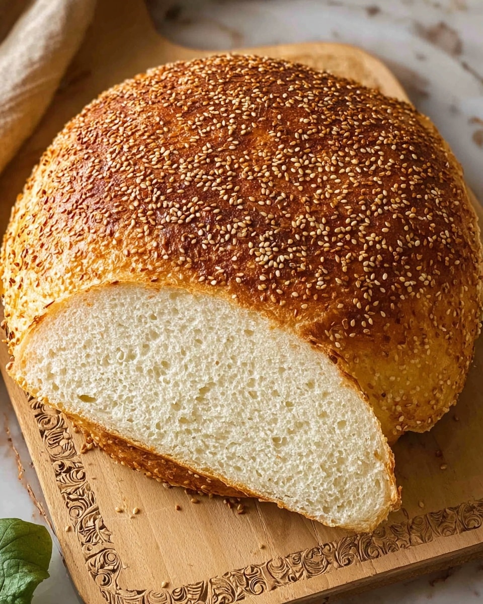 A round, thick bread loaf is shown with two visible layers: the top layer is a golden-brown crust covered with many sesame seeds, and the bottom layer reveals a soft, white, porous interior. The bread rests on a light wooden board with engraved patterns, and a small green leaf is partially visible at the bottom left. The background below the board is a white marbled texture. photo taken with an iphone --ar 4:5 --v 7
