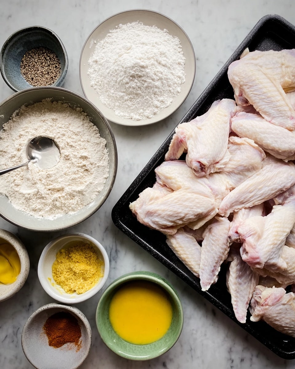 The image shows a black tray filled with raw chicken wings piled together on the right side. On the left, there are several small white bowls and plates arranged neatly. The largest bowl at the bottom left holds white flour with a metal spoon inside. Above it, a small white plate contains white powder, likely baking powder. Beside it, a small white bowl contains bright yellow mustard. Two green bowls above hold different spices, one light yellow powder and another coarse reddish seasoning. At the top left, a small dark bowl contains salt and pepper mixed. The whole setup is placed on a white marbled surface. Photo taken with an iphone --ar 4:5 --v 7