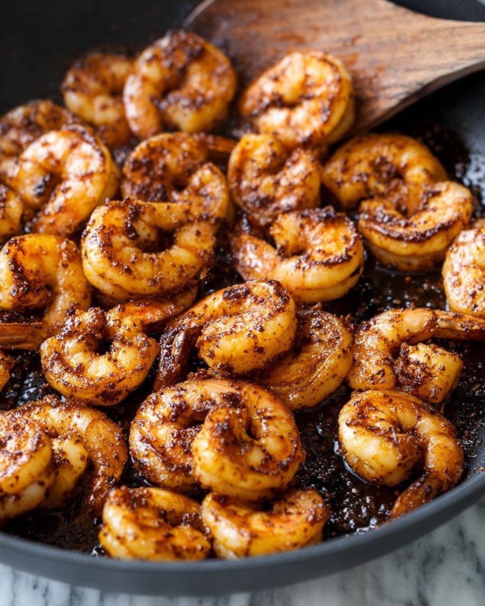 A close-up image of a black pan filled with cooked shrimp. The shrimp are curled and covered with a dark, spicy seasoning with slight charring on the edges. The shrimp have a golden-brown color with some darker spots from the seasoning and cooking. A wooden spoon is partially visible on the right side under the shrimp. The pan sits on a white marbled surface. photo taken with an iphone --ar 4:5 --v 7