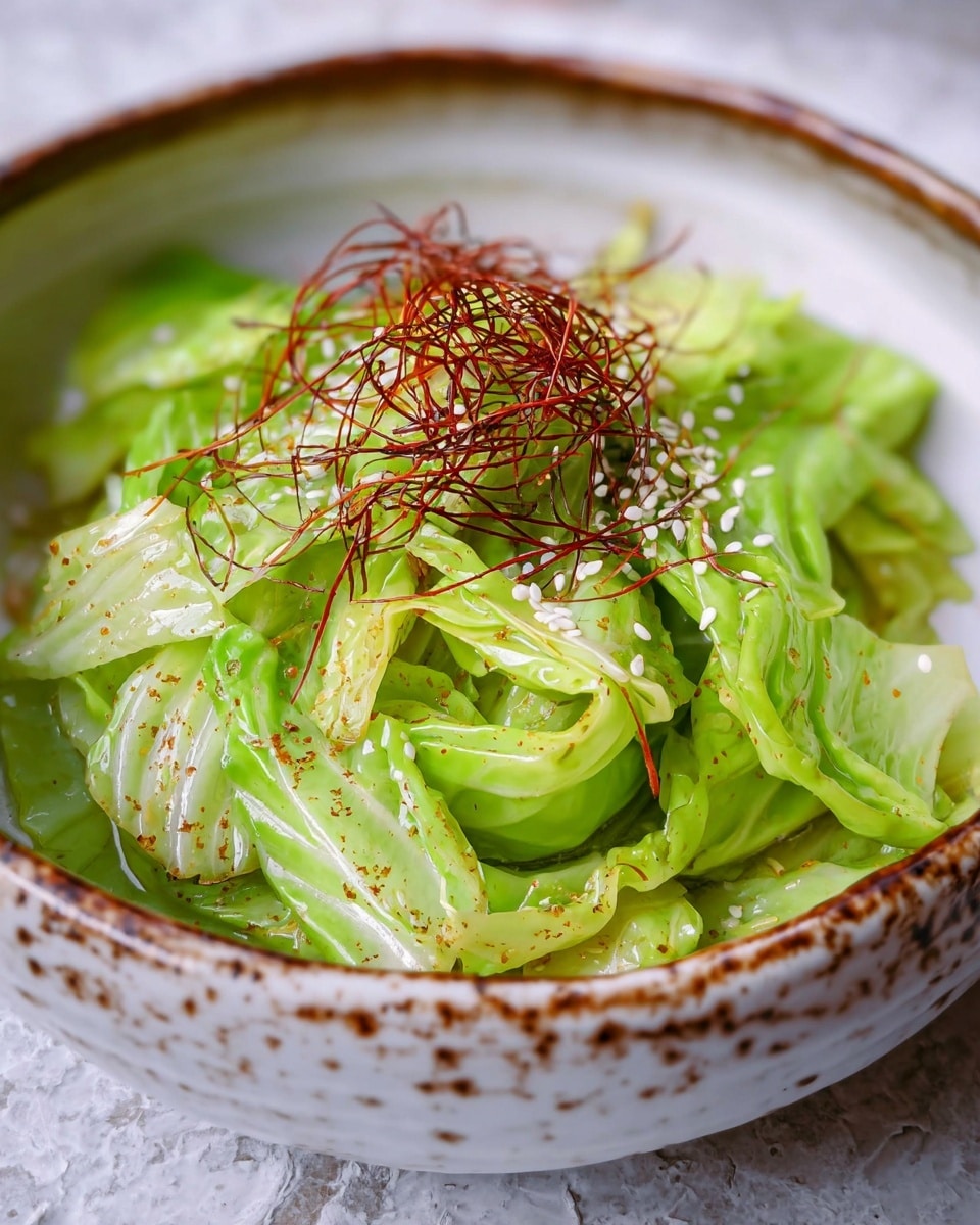 The image shows a bowl filled with light green cabbage pieces, arranged in loose layers with a slight shine from dressing or oil. On top, there is a thin nest of reddish-brown fine strands that add color contrast and texture. Small white sesame seeds are scattered lightly over the cabbage. The bowl is white with a rustic brown speckled rim, sitting on a background with a white marbled texture. The cabbage looks fresh and slightly soft, with visible seasoning specks on its surface. photo taken with an iphone --ar 4:5 --v 7