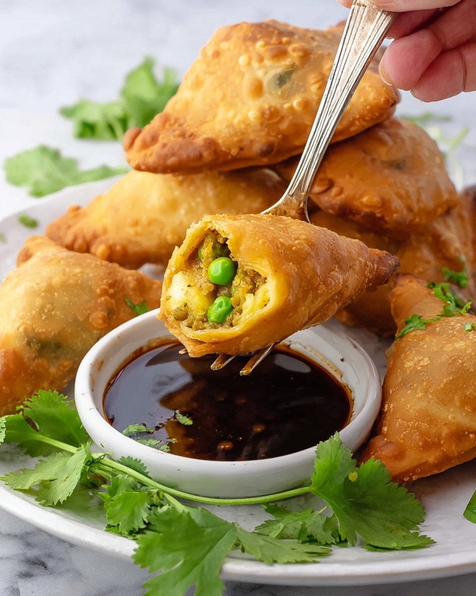 The image shows a white plate with several golden brown samosas stacked behind a small white bowl filled with dark brown dipping sauce. A woman's hand is holding a samosa piece on a silver fork, dipped partly into the sauce, revealing its yellow filling with green peas inside. Fresh green cilantro leaves are placed in the front of the plate on the white marbled surface. The samosas are crisp and triangular with a slightly bubbled texture. Photo taken with an iphone --ar 4:5 --v 7