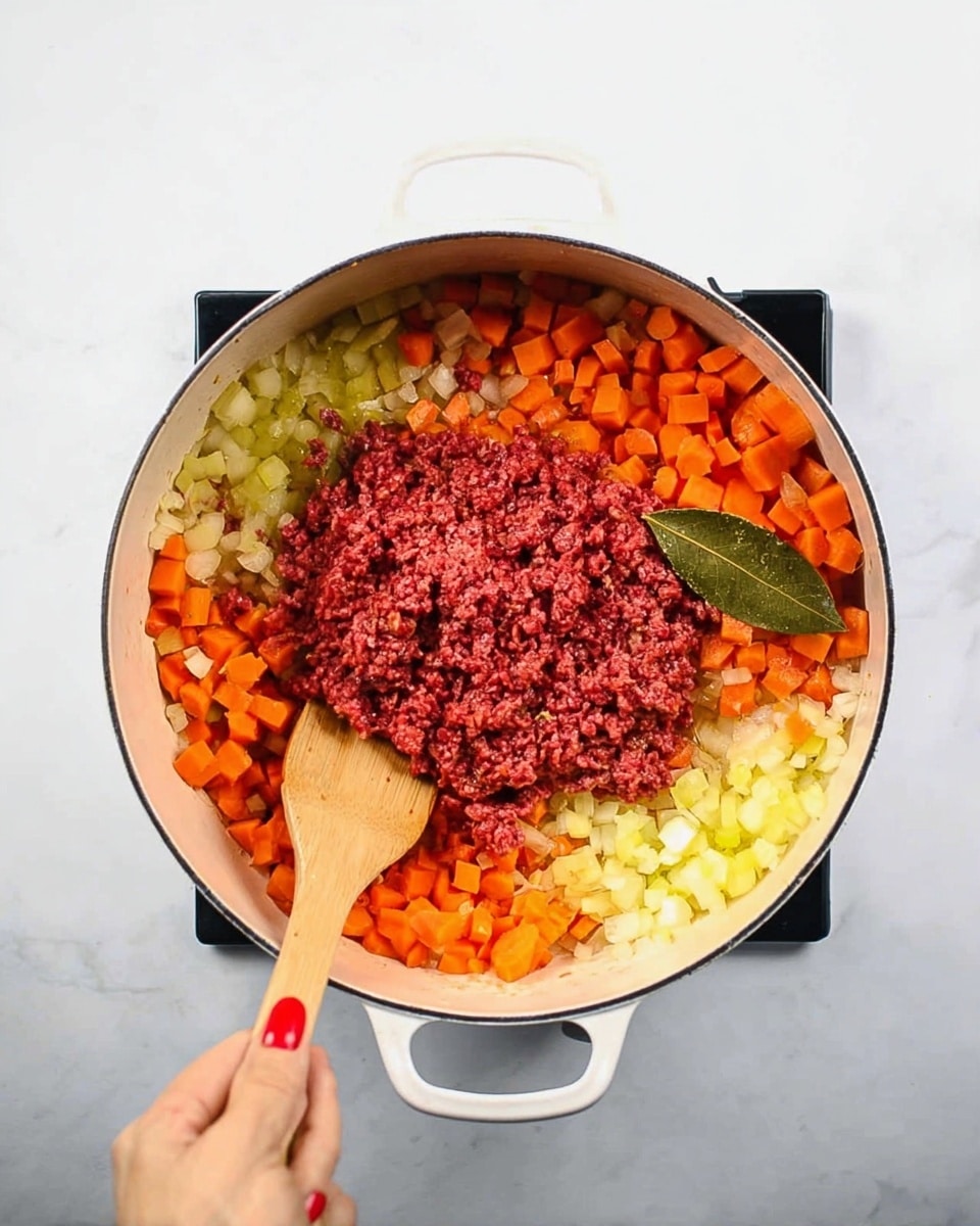 A large white pot on a white marbled surface contains three layers of ingredients. The bottom layer has small orange carrot cubes mixed with pale yellow diced onions spread evenly around the pot. On top of this, a middle layer of dark red ground meat is being stirred with a wooden spatula, showing raw texture in the center. There are two green bay leaves placed on the right side on top of the carrot and onion layer. A woman's hand with red nail polish holds the left handle of the pot. Some light steam rises from the pot, hinting the food is cooking. Photo taken with an iphone --ar 4:5 --v 7