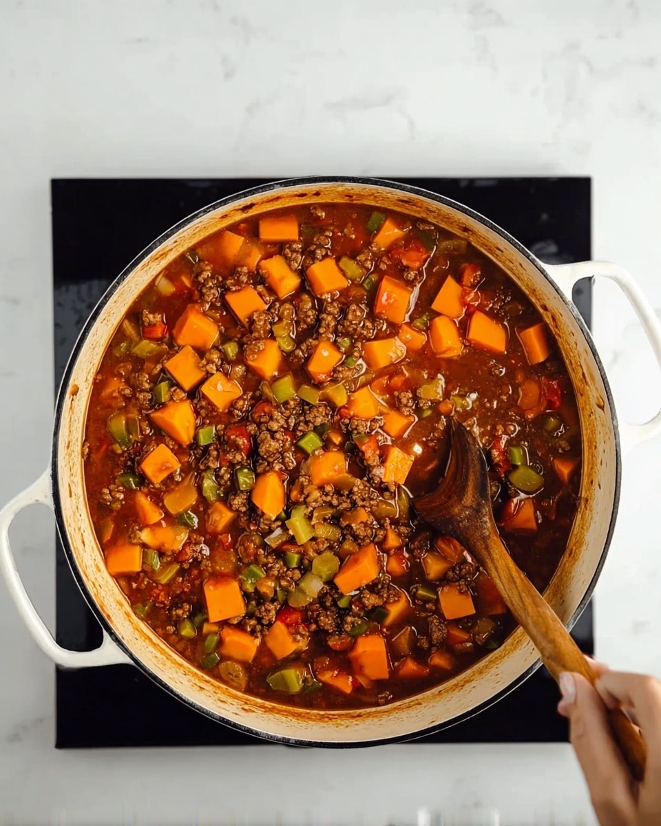 A white pot filled with a thick stew that has many small pieces of cooked ground meat, bright orange chunks of squash, light green celery bits, and small orange carrot pieces all mixed in a rich brown sauce. A woman's hand holding a wooden spoon is stirring the stew near the bottom right of the pot. The pot is set on a black cooktop, and the background has a white marbled texture. photo taken with an iphone --ar 4:5 --v 7