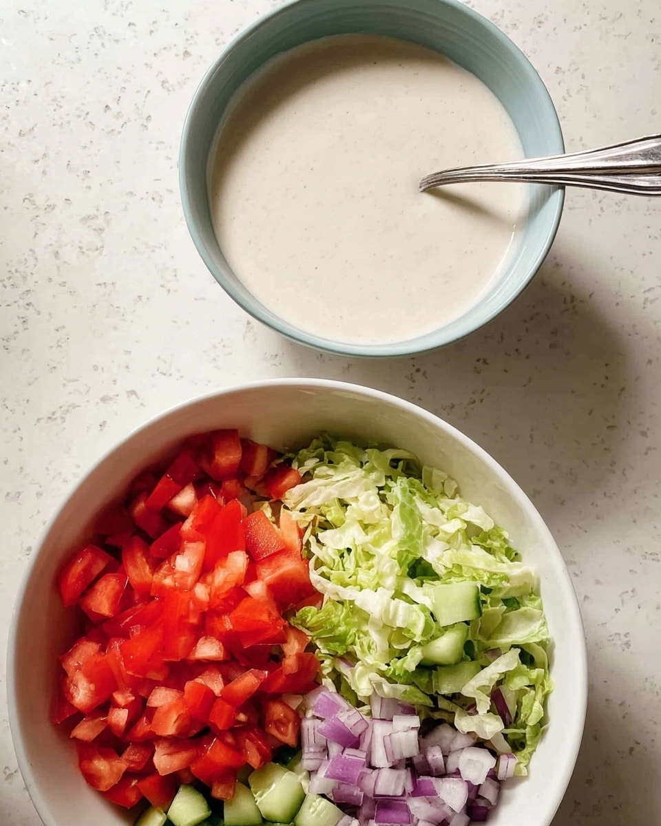A white bowl filled with a smooth, creamy white sauce with a spoon resting inside. Below it, a white bowl is divided into four sections with diced red tomatoes taking up one large part, shredded light green lettuce covering another large section, small chopped dark green cucumbers in one smaller section, and finely chopped purple onions in another smaller section. Both bowls are set on a white marbled surface. photo taken with an iphone --ar 4:5 --v 7