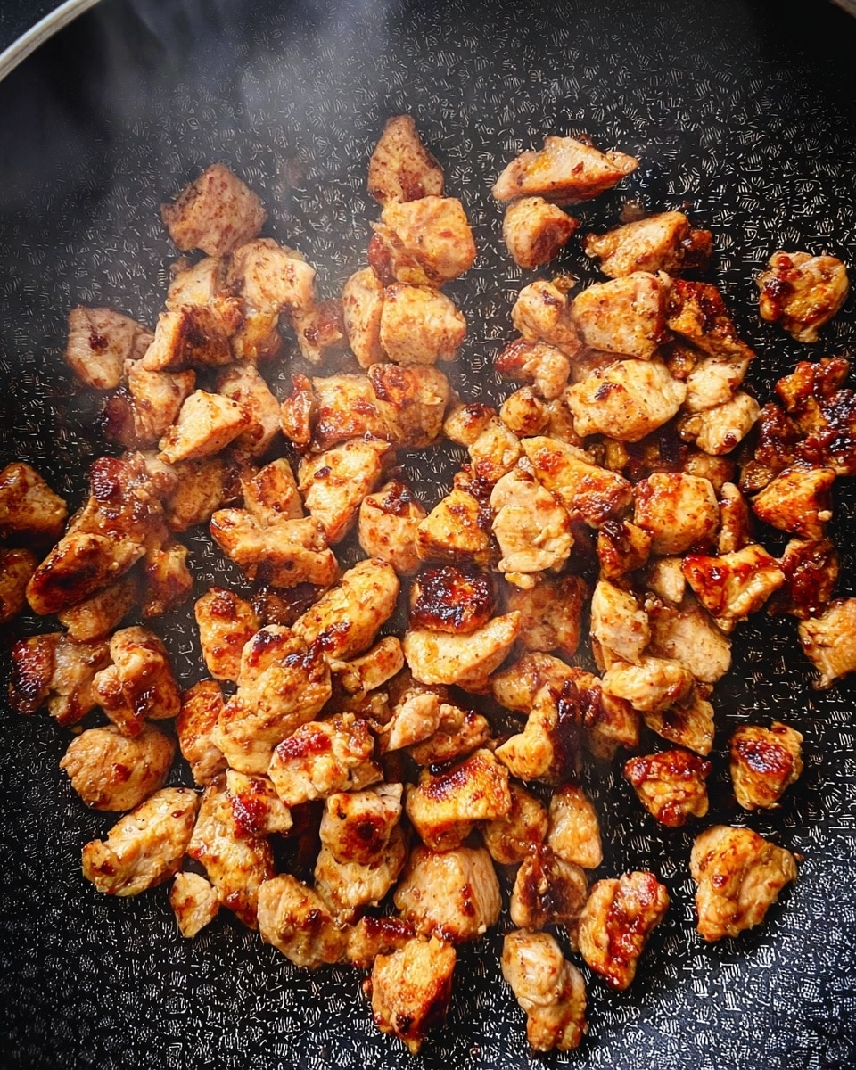 This image shows many small, irregular pieces of cooked chicken in a dark pan with a honeycomb pattern. The chicken pieces have a mix of golden brown and darker brown spots, giving a crispy look. Steam rises gently from the pan, showing the chicken is hot and freshly cooked. The dark pan surface contrasts with the warm, cooked chicken color. photo taken with an iphone --ar 4:5 --v 7