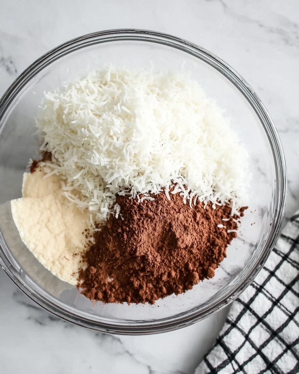 A clear glass bowl sits on a white marbled surface filled with three distinct layers of ingredients: a light beige creamy layer at the bottom left, a large mound of white shredded coconut covering the right half of the bowl, and a pile of rich brown cocoa powder occupying the lower middle part, slightly overlapping the coconut and creamy layer. The textures are dry and powdery for the cocoa, fluffy and fibrous for the coconut, and smooth for the creamy layer. The bowl is near a black and white checkered cloth on the right side. photo taken with an iphone --ar 4:5 --v 7