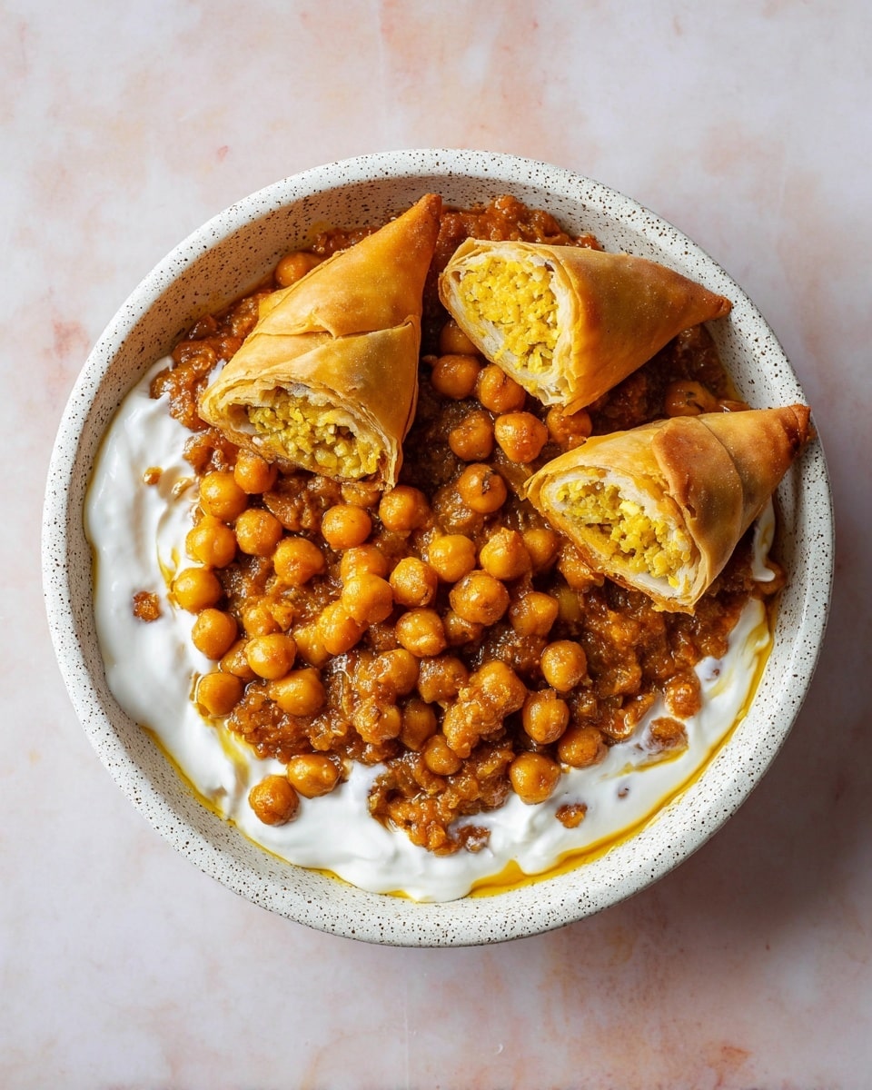 A white speckled bowl sits on a white marbled surface, filled with three layers: the bottom layer is a thick white yogurt sauce spread unevenly across the base; the middle layer is a thick, chunky, orange-brown cooked chickpea curry with visible whole chickpeas and a rich sauce, placed around the edges and partway over the yogurt; the top layer features three golden brown samosas, one cut in half showing a soft, grainy yellow filling inside, arranged in the center of the bowl. photo taken with an iphone --ar 4:5 --v 7