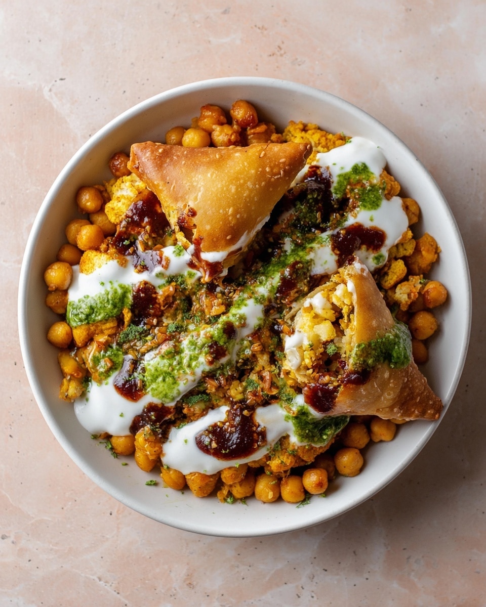 A white round bowl filled with a base layer of golden-orange cooked chickpeas mixed with small cauliflower pieces, creating a chunky texture. On top, there are pieces of a fried golden-brown samosa, some broken open to show a yellow spiced filling inside. The samosas and chickpeas are topped with drizzles of white creamy sauce, bright green chutney, and dark reddish-brown tamarind sauce, all spread unevenly across the dish. The bowl sits on a white marbled surface photo taken with an iphone --ar 4:5 --v 7