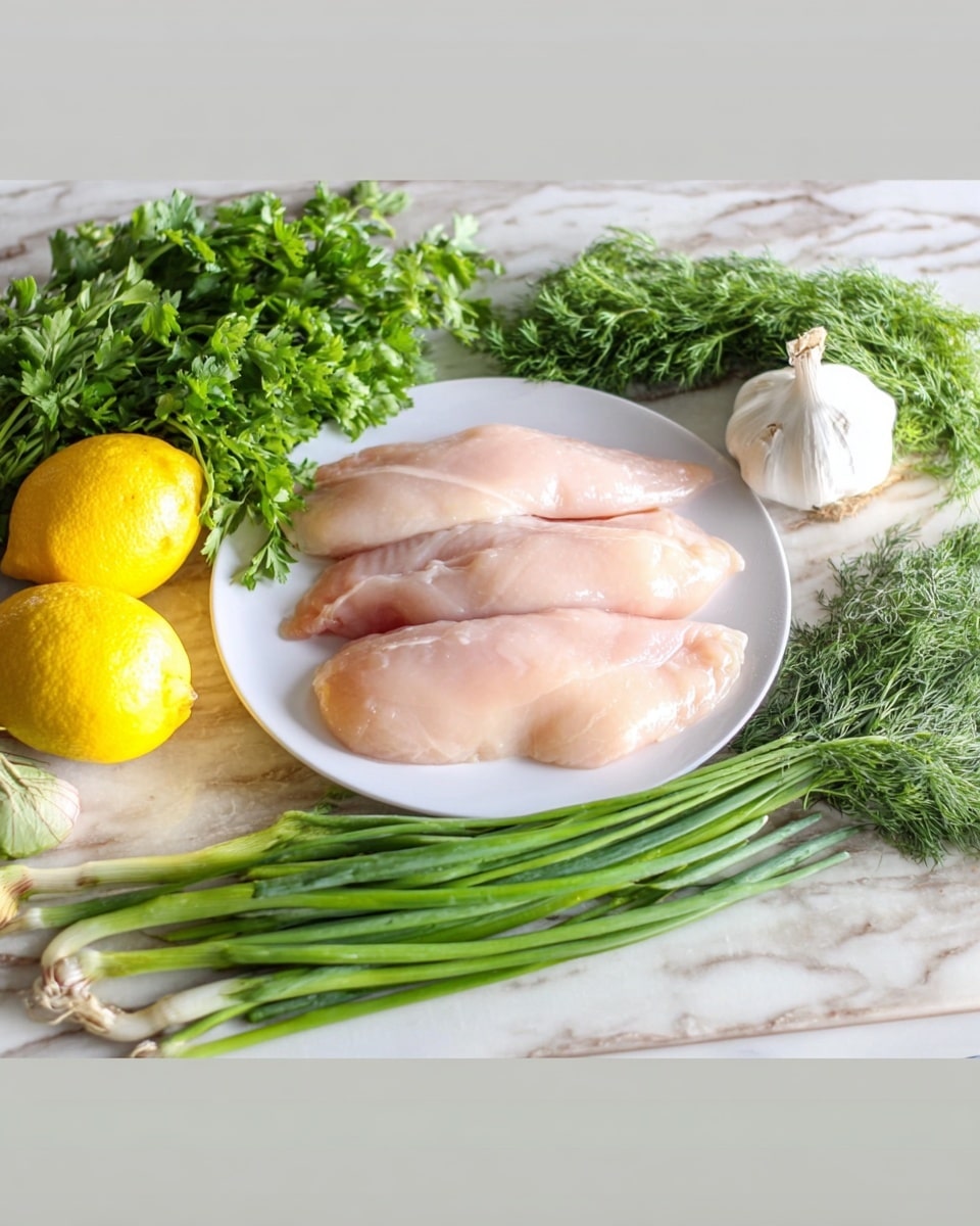 The image shows a white plate with three raw light pink chicken fillets placed in the center. To the left of the plate, there are two whole yellow lemons and a bunch of fresh green parsley with leafy texture. On the right side, there is a whole white garlic bulb, some fluffy green dill, and several green spring onions with white tips. The ingredients are set on a white marbled surface with a subtle texture. Photo taken with an iphone --ar 4:5 --v 7