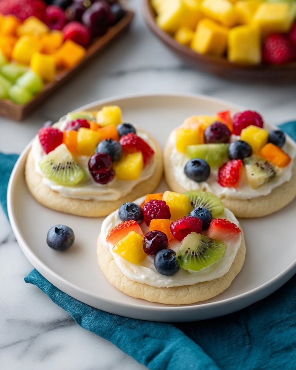 The image shows a collection of round sugar cookies arranged neatly on a dark baking sheet. Each cookie has three layers: the base is a light beige cookie with a soft texture, topped with a smooth, creamy white layer of frosting that covers the entire cookie surface, and finished with a colorful mix of fresh fruit pieces arranged evenly on top. The fruit includes bright red strawberries and raspberries, dark purple grapes and blackberries, golden yellow pineapple and mango chunks, green kiwi slices, and small clusters of blueberries, all creating a vibrant, fresh contrast against the white frosting. The close view highlights the varied shapes and textures, with the edges of the cookies slightly soft and the fruit looking juicy and ripe. photo taken with an iphone --ar 4:5 --v 7