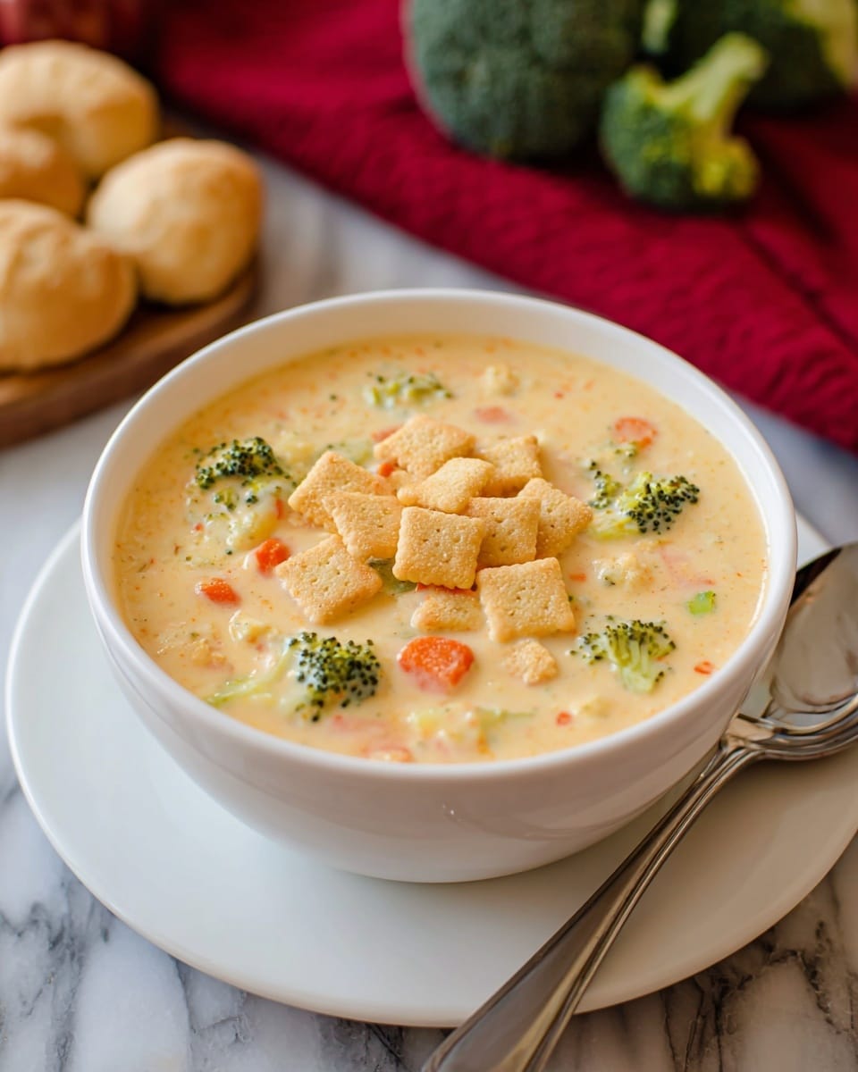 A white bowl filled with creamy soup showing at least three layers: the smooth light yellow soup base, diced green broccoli pieces, and small round chunks of orange carrots mixed inside. On top of the soup, a layer of small, golden hexagon crackers is scattered evenly. The bowl sits on a white plate on a white marbled surface, with a silver spoon resting on the plate’s edge. In the background, there are soft rolls and some broccoli heads blurred out of focus, along with a red cloth to the side. Photo taken with an iphone --ar 4:5 --v 7