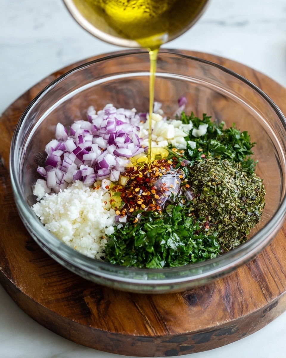 A clear glass bowl sits on a round wooden board over a white marbled surface, filled with seven distinct layers of ingredients. Around the bowl's edge, there is a layer of finely chopped purple onions on the left, minced white garlic below it, chopped fresh green parsley next, and dried green oregano on the bottom right. Near the center, there is a sprinkle of red chili flakes surrounded by a powdery white seasoning, all topped with a pool of bright golden olive oil being poured from above. The ingredients appear fresh and vibrant, each layer clearly defined and colorful. Photo taken with an iphone --ar 4:5 --v 7