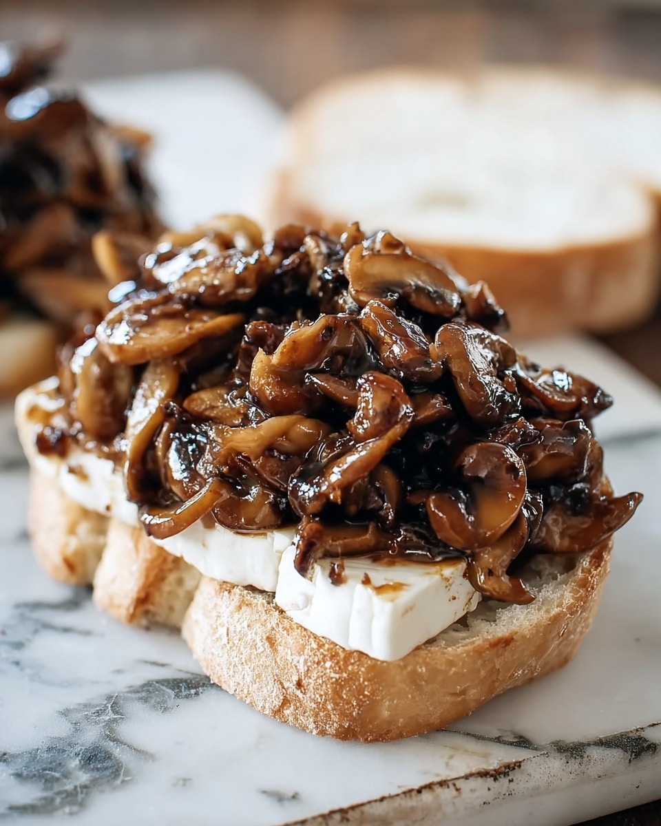 The image shows an open sandwich on a white marbled surface. The sandwich has two layers: the bottom layer is a slice of bread with a light, soft texture and a piece of white cheese placed on top. The top layer is a heap of dark brown, shiny cooked mushrooms piled generously over the cheese. The mushrooms have a slightly glossy sauce coating them, making them look moist and flavorful. The background is blurred but shows another slice of bread. The photo taken with an iphone --ar 4:5 --v 7