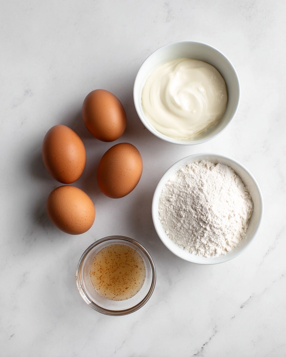 The image shows four brown eggs arranged roughly in a square shape on a white marbled surface, with two white bowls and one small clear glass bowl placed near them. One white bowl is filled with a white creamy substance with a smooth texture, and the other white bowl holds a pile of white powdery flour. The small clear glass bowl contains a small amount of light brown liquid with specks in it. The items are spaced evenly and lit softly from above. Photo taken with an iphone --ar 4:5 --v 7