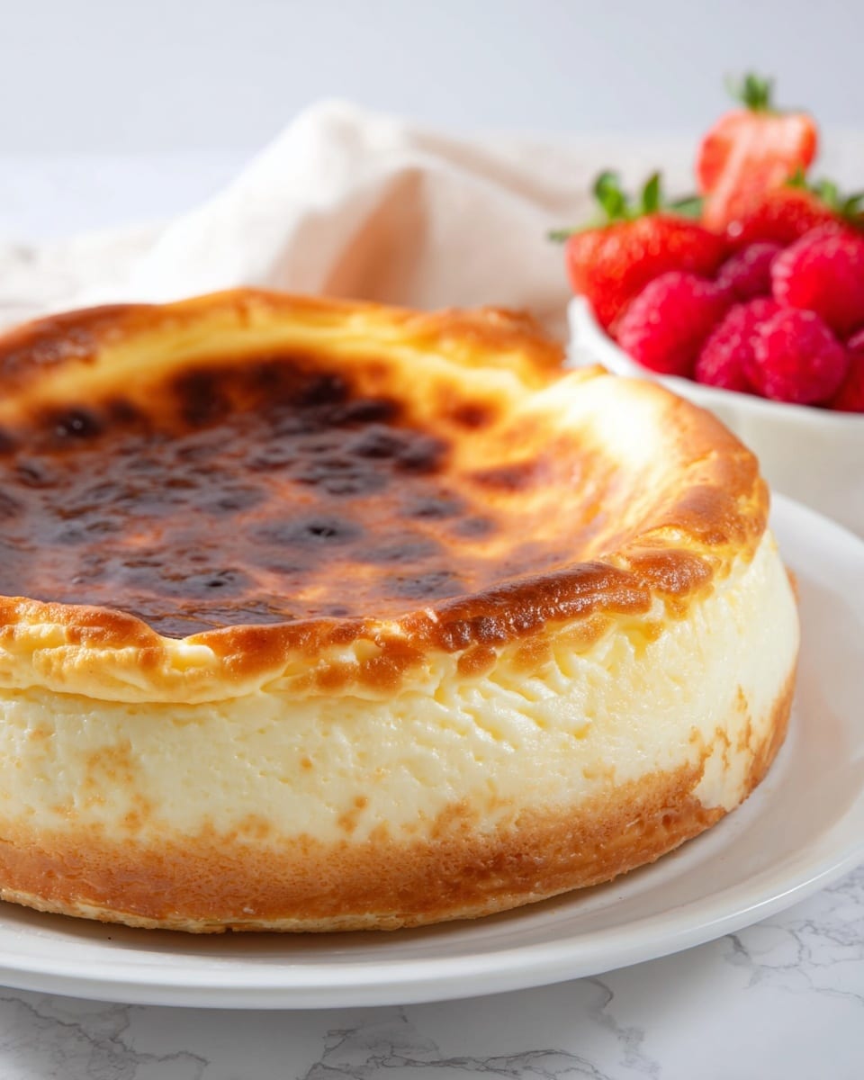 A round cheesecake sits on a white plate, showing three main layers: a golden brown firm crust on the bottom with a slightly textured pattern, a thick, creamy pale yellow cream cheese layer in the middle, and a smooth top layer that is golden yellow near the edges and has dark brown spots towards the center, giving a baked look; the cake edge is raised and slightly wrinkled. In the background are bright red strawberries and raspberries placed casually on a white marbled surface. Photo taken with an iphone --ar 4:5 --v 7