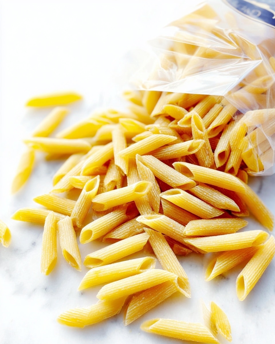 The image shows a clear plastic bag of uncooked penne pasta spilling onto a white marbled surface. The penne pieces are pale yellow with a slightly rough texture. The pasta is tube-shaped with diagonal cuts at both ends, scattered haphazardly both inside and outside the bag. The background is bright, creating a clean and simple look. photo taken with an iphone --ar 4:5 --v 7