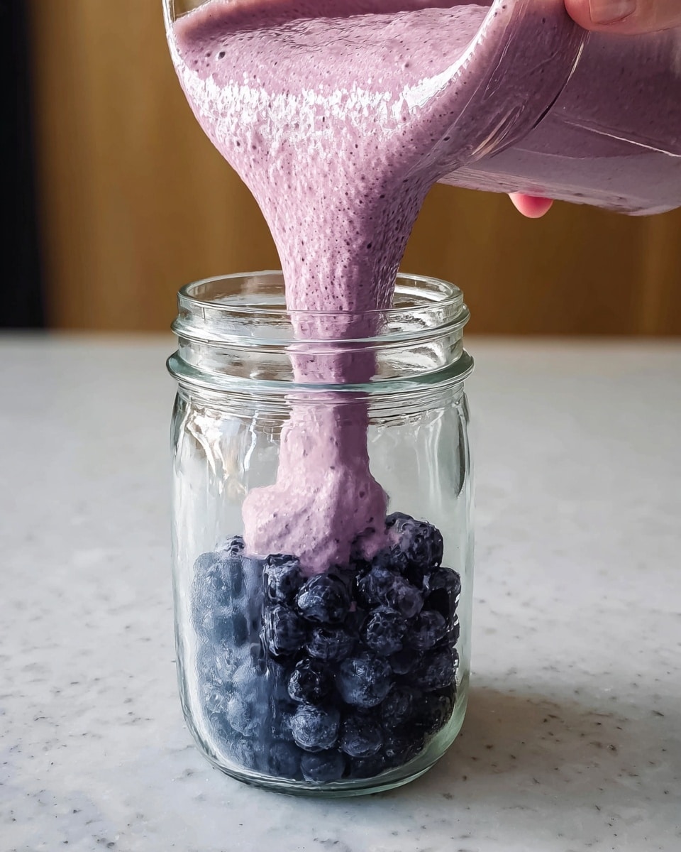A clear glass jar sits on a white marbled surface filled halfway with dark blue, fresh blueberries at the bottom. Above the berries, a thick, light purple smoothie with a textured, creamy surface is being poured from a container held by a woman's hand, creating a soft layer over the berries. The smoothie flows gently into the jar, making the layers visible through the clear glass. Photo taken with an iphone --ar 4:5 --v 7