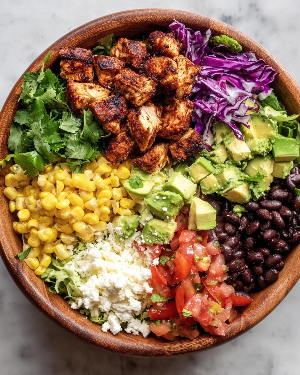 A wooden bowl filled with layers of food arranged next to each other: on the left, grilled chicken pieces with a brown, charred texture; below the chicken, bright yellow grilled corn kernels; next to the corn, fresh green cilantro leaves; above the cilantro, thinly shredded purple cabbage; to the right of the cabbage, diced green avocado; below the avocado, black beans; next to the black beans, white crumbly cheese; and below the cheese, small red diced tomatoes with more cilantro in between some layers. The bowl is placed on a white marbled surface. Photo taken with an iphone --ar 4:5 --v 7