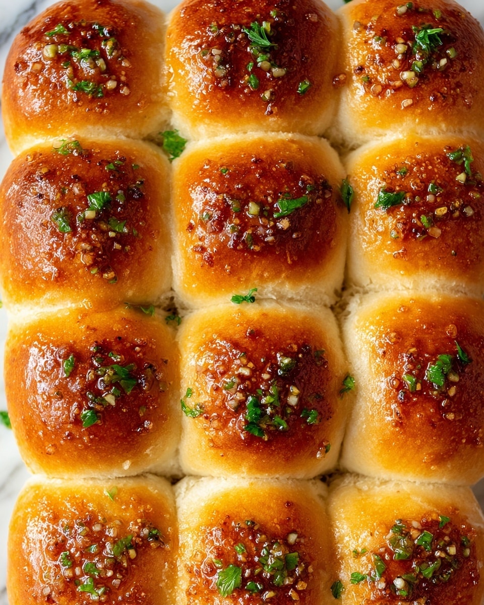 A close-up view of nine golden brown dinner rolls arranged in a 3x3 grid, each roll with a smooth, shiny, and slightly crisp top. The tops are brushed with a glossy garlic butter sauce, sprinkled with small bits of minced garlic and finely chopped fresh green parsley, which adds a pop of color. The rolls are placed closely together, showing soft, fluffy white sides pressed gently against each other. The background is a white marbled texture, enhancing the warm colors of the bread. Photo taken with an iphone --ar 4:5 --v 7