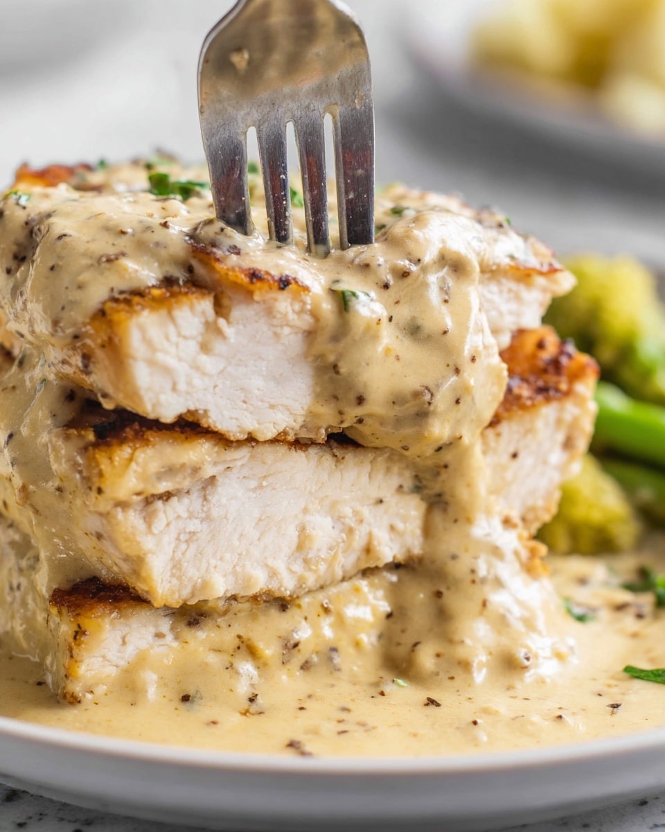 The image shows a close-up of three layers of cooked chicken stacked on a white plate, each piece covered in a thick, creamy mustard sauce with specks of black pepper and herbs. The top chicken layer is speared by a fork with metal tines piercing through it, revealing the white, juicy inside of the chicken. The creamy sauce coats the chicken and pools slightly around it on the plate. In the background, there is a blurry hint of green vegetables and a white marbled texture surface. The photo taken with an iphone --ar 4:5 --v 7