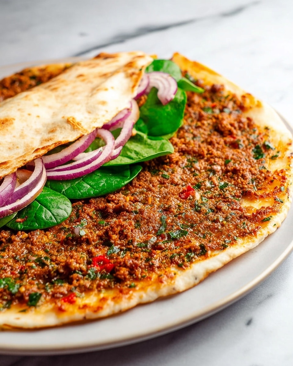 A thin round flatbread with a roughly spread brownish-red minced meat layer mixed with small bits of green herbs, red peppers, and spices covers the entire surface. On top, there is a fold revealing a layer of fresh green spinach leaves and thin slices of red onion with a glossy texture. The flatbread shows a lightly toasted edge and is placed on a simple white plate, against a white marbled surface in the background. photo taken with an iphone --ar 4:5 --v 7