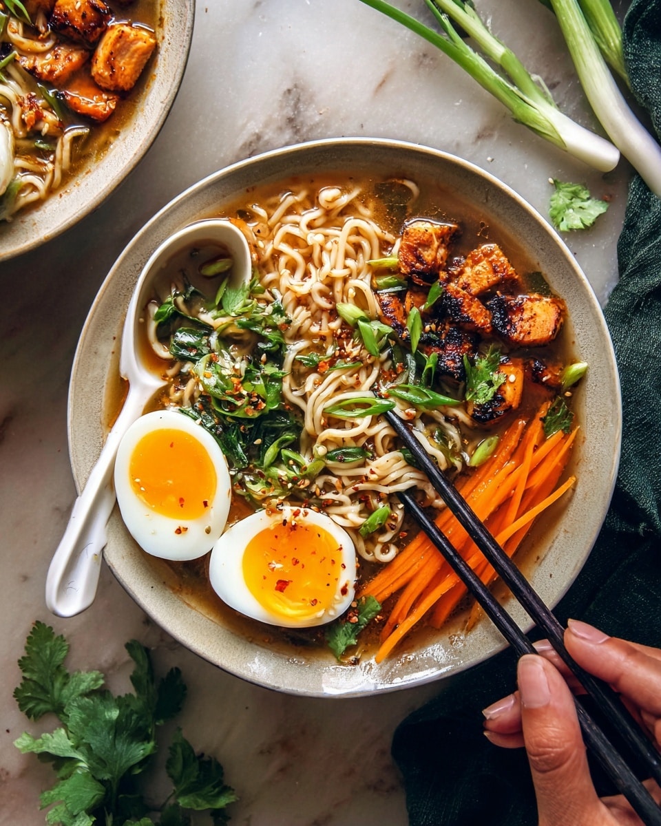 A white bowl filled with light brown soup broth holding wavy light tan noodles as the base layer, topped with bright orange grilled chunks, thin orange carrot sticks placed vertically, two soft-boiled egg halves with bright yellow yolks and white edges, and green leafy herbs and sliced green onions scattered on top. There are sesame seeds sprinkled on the eggs and chili flakes near the herbs. A white spoon is held on the left side by a woman's hand, while on the right side, black chopsticks held by another woman's hand pick up some green onions. The scene is set on a white marbled surface with a few green herb leaves near the bowls. photo taken with an iphone --ar 4:5 --v 7