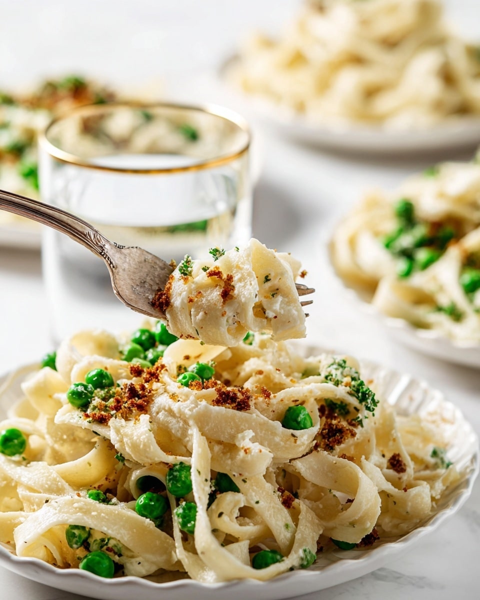 A white speckled bowl holds a creamy pasta dish consisting of wide fettuccine noodles mixed with bright green peas. The creamy white sauce coats the noodles lightly, and the dish is topped with a light sprinkle of brown seasoning. A wedge of lemon with a bright yellow rind and juicy pale interior is placed on the pasta. The bowl sits on a matching white speckled plate on a white marbled surface. Around the bowl, there are lemon wedges and a small white scalloped bowl filled with a crumbly brown spice. Photo taken with an iphone --ar 4:5 --v 7