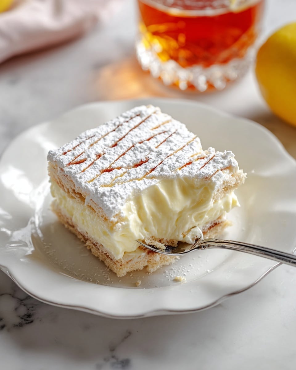 A close-up view of a creamy layered dessert in a clear glass rectangular dish, showing three visible layers: the bottom layer is a light brown, soaked cake base; the middle layer is thick, pale yellow cream; above it is a light brown soaked cake layer; and the top layer is a smooth, pale cream decorated with powdered sugar in a diagonal striped pattern. A section of the dessert has been removed, exposing the soft, moist texture of the layers inside. The dish rests on a white marbled surface, with blurred warm-toned elements in the background suggesting a cozy setting. Photo taken with an iphone --ar 4:5 --v 7