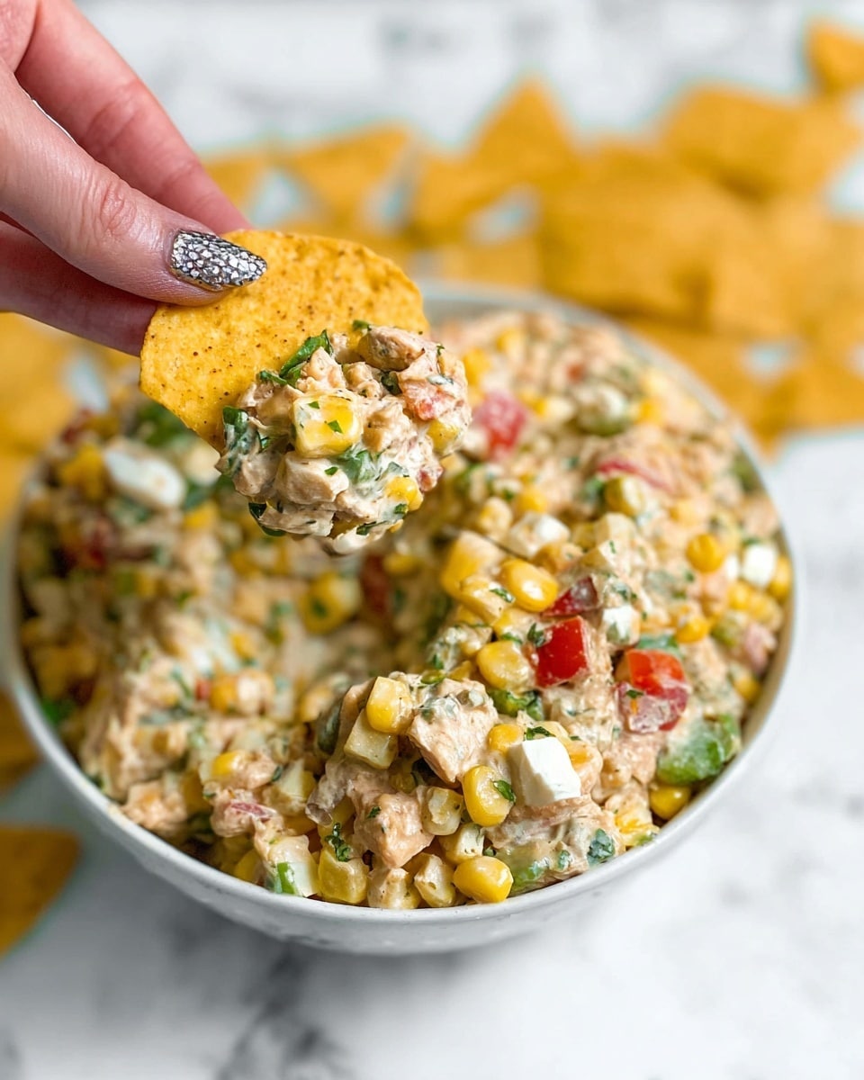 A white bowl filled with a colorful creamy salad that has layers of yellow corn, green chopped vegetables, red pieces of bell pepper, and white chunks of a protein mixed all together with a creamy sauce. On top of the salad mixture, a woman's hand holds a round yellow tortilla chip loaded with the salad, showing the mix of yellow corn, red bell pepper, green bits, and white creamy pieces close up. The background surface is white marbled, and some loose tortilla chips are scattered blurred behind the bowl. photo taken with an iphone --ar 4:5 --v 7