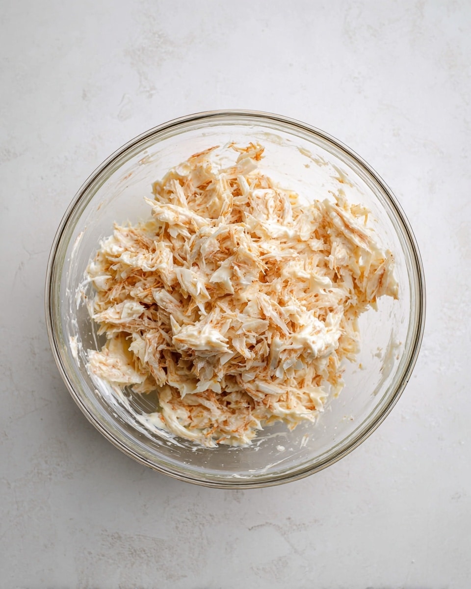 A clear glass bowl filled with a mixture that has a creamy texture, containing shredded pieces that are white and light orange in color, resting on a white marbled surface. The mixture looks thick and slightly clumpy with some strands sticking out, showing a blend of soft and fibrous materials evenly mixed together. The bowl is viewed from above, showing the full content inside. photo taken with an iphone --ar 4:5 --v 7