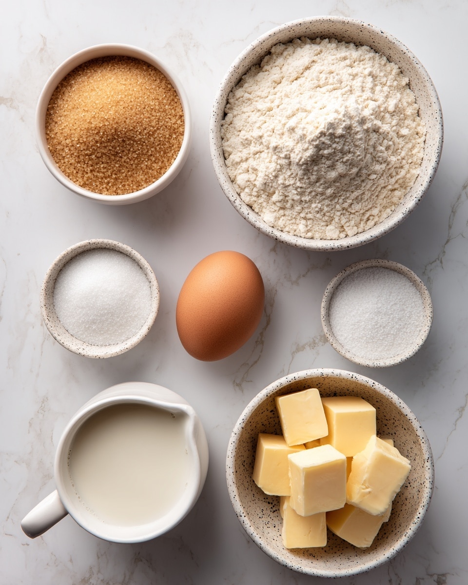 The image shows six baking ingredients on a white marbled surface, neatly arranged in two rows. At the top left, there is a small white bowl filled with light brown sugar granules. To the right, a speckled white bowl holds a heap of flour with a slightly rough texture. Below the sugar, there is a single brown egg resting on the countertop. Next to the egg on the right, two small white bowls contain white powders, likely salt and baking powder, with smooth surfaces. To the bottom left is a white cup filled with a pale liquid, probably milk. Finally, at the bottom right, a small speckled white bowl contains several yellow butter cubes with smooth edges. The photo taken with an iphone --ar 4:5 --v 7
