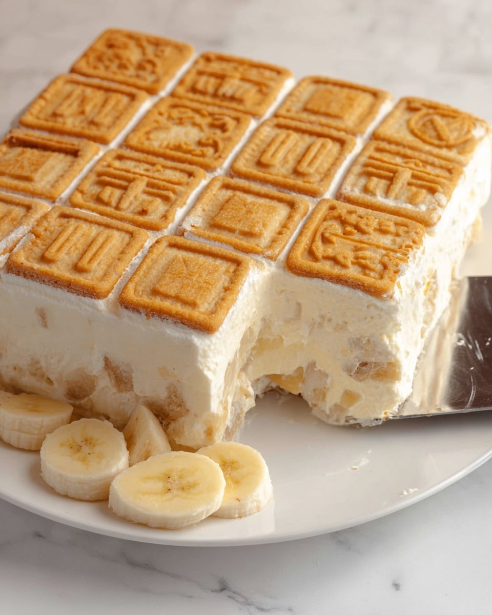 The image shows a square layered banana cream dessert on a white plate, placed on a white marbled surface. The top layer features light tan square cookies with a golden-brown pattern stamped on each one, arranged in a grid. Below the cookies is a thick layer of creamy white whipped filling mixed with banana pieces. The base appears to be a thin crust that supports the dessert. A slice has been removed, revealing the inside creamy texture and a few slices of banana on the plate next to the dessert. A cake spatula is visible at the bottom edge, ready to serve. photo taken with an iphone --ar 4:5 --v 7