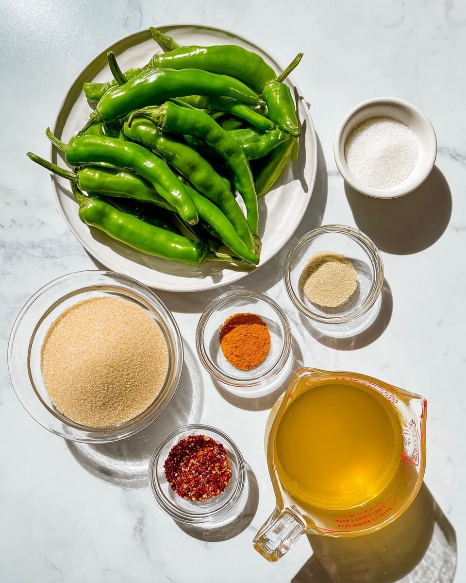 The image shows an arrangement of ingredients on a white marbled surface. On the top left, a white plate holds a pile of fresh green chili peppers with smooth, shiny skins, layered overlapping each other. To the right of the chili peppers, there is a white bowl filled with a white granular substance. Below, slightly to the left, a clear glass bowl is filled with light brown sugar with a soft texture. To the right, there is a clear measuring cup filled with golden-yellow liquid, likely broth or oil. Above this, three small clear glass bowls contain spices: the leftmost has a light beige powder, the middle one has red chili flakes, and the bottom one contains a bright orange powder. The shadows cast by the items suggest bright, natural lighting. Photo taken with an iphone --ar 4:5 --v 7