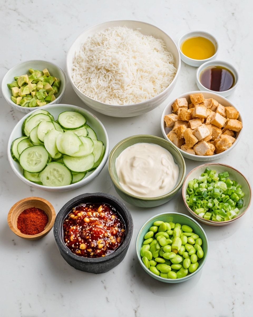 The image shows several white bowls and small containers arranged on a white marbled surface. In the back center, a large white bowl is full of plain white rice. To the right, a white bowl holds golden brown cubed cooked chicken pieces. Near it are two small white containers with dark sauce and light yellow liquid. To the right of the rice is a bowl filled with chopped green onions. In front of the rice, two small green and brown bowls hold thick white sauce and creamy light sauce. A black bowl in the front center is filled with a chunky red chili sauce with visible seeds and peanuts. On the left side, a large white bowl contains thin round slices of cucumber in neat layers. Next to it, a white bowl has diced light green avocado. Below it, another small white bowl holds green edamame beans. Finally, a small wooden bowl in the front left contains red powdered spice. The arrangement is neat and colorful, showing fresh and cooked ingredients. Photo taken with an iphone --ar 4:5 --v 7