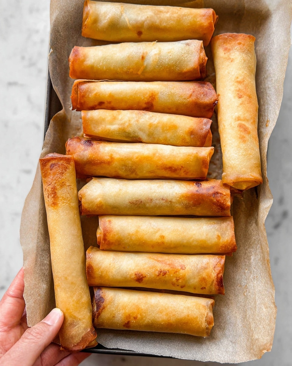 The image shows a white plate lined with white parchment paper holding ten golden-brown spring rolls arranged in a slight pile. Each spring roll is cylindrical with smooth, thin, lightly crisped outer wrappers showing subtle variations in golden color, some with darker brown spots. The ends of the rolls are neatly folded, and a few have hints of green herbs sprinkled on top. The background is a white marbled surface with a corner of a soft blue cloth partially visible on the upper edge. photo taken with an iphone --ar 4:5 --v 7