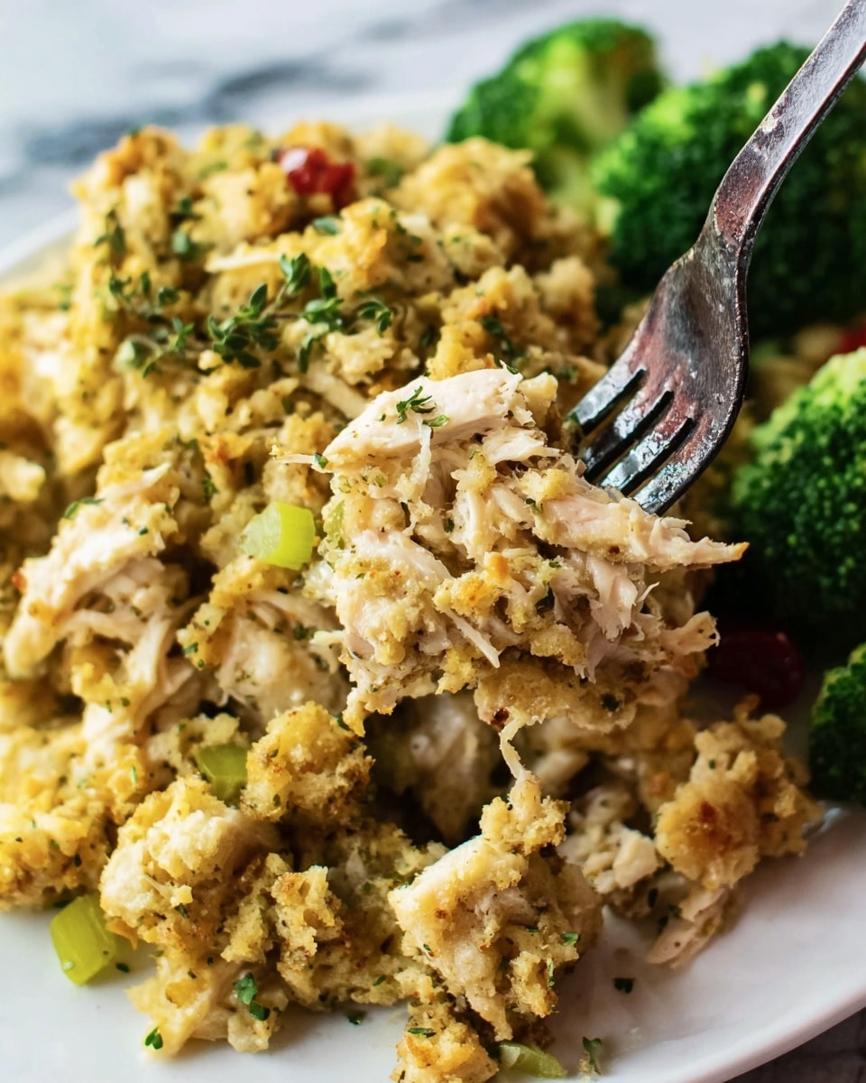 The dish shows shredded light-colored chicken mixed with golden-yellow stuffing that has a crumbly and soft texture, scattered with small green herbs and bits of celery. The mixture fills a white plate, with bright green broccoli florets placed to the side, adding a fresh pop of color. On the edge of the plate near the broccoli, there are also a few small red pieces, possibly peppers. A dark metal fork is lifting a bite of the stuffing and chicken, close to the center of the image. The background has a white marbled texture. photo taken with an iphone --ar 4:5 --v 7