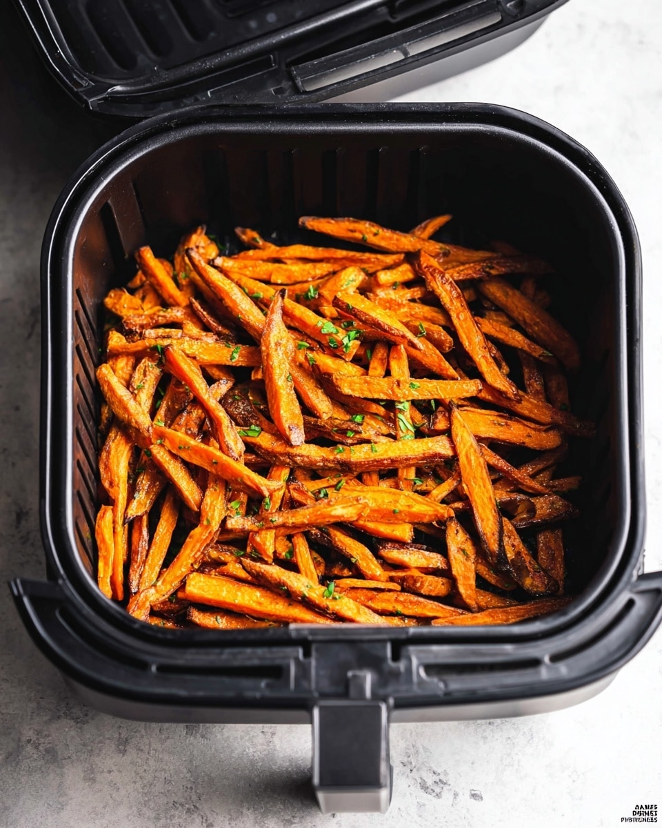 A black air fryer basket filled with a single layer of crispy, golden-orange sweet potato fries with some pieces showing dark brown edges from cooking. The fries are long, thin, and unevenly shaped, scattered loosely inside the basket. Small green herb sprinkles are visible on top, adding a touch of color contrast. The basket is placed on a white marbled surface, and the open air fryer lid is visible in the background. photo taken with an iphone --ar 4:5 --v 7