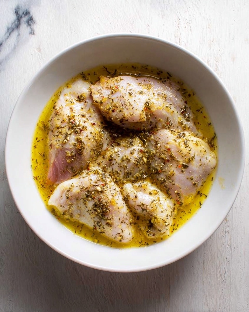 A white bowl holds five pieces of raw chicken, each covered with a yellowish marinade mixed with herbs and spices. The chicken pieces are arranged close together inside the bowl, with the marinade pooling around them, giving a shiny texture. The chicken has a slight pink and white color showing through the marinade, and some dark herb flakes are visible on top. The bowl sits on a white marbled surface. photo taken with an iphone --ar 4:5 --v 7