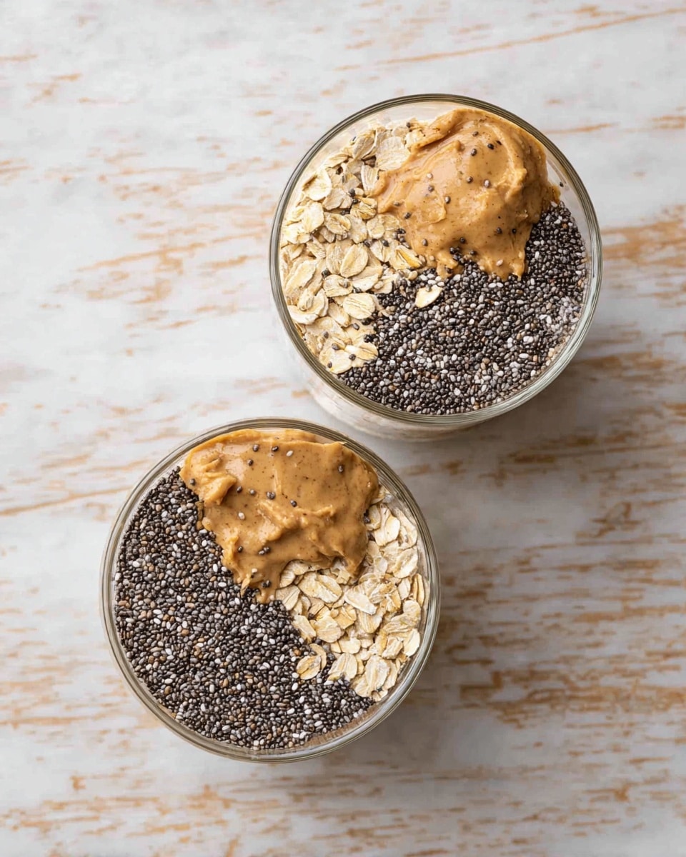 Two glass cups sit on a white marbled surface, each with three clear layers visible from above. The bottom layer is light beige rolled oats, roughly chopped into small pieces. Above that is a dense layer of black chia seeds, covering most of the oats. On top, to one side of each cup, is a thick, smooth, brown almond butter layer with a slightly glossy texture. Photo taken with an iphone --ar 4:5 --v 7