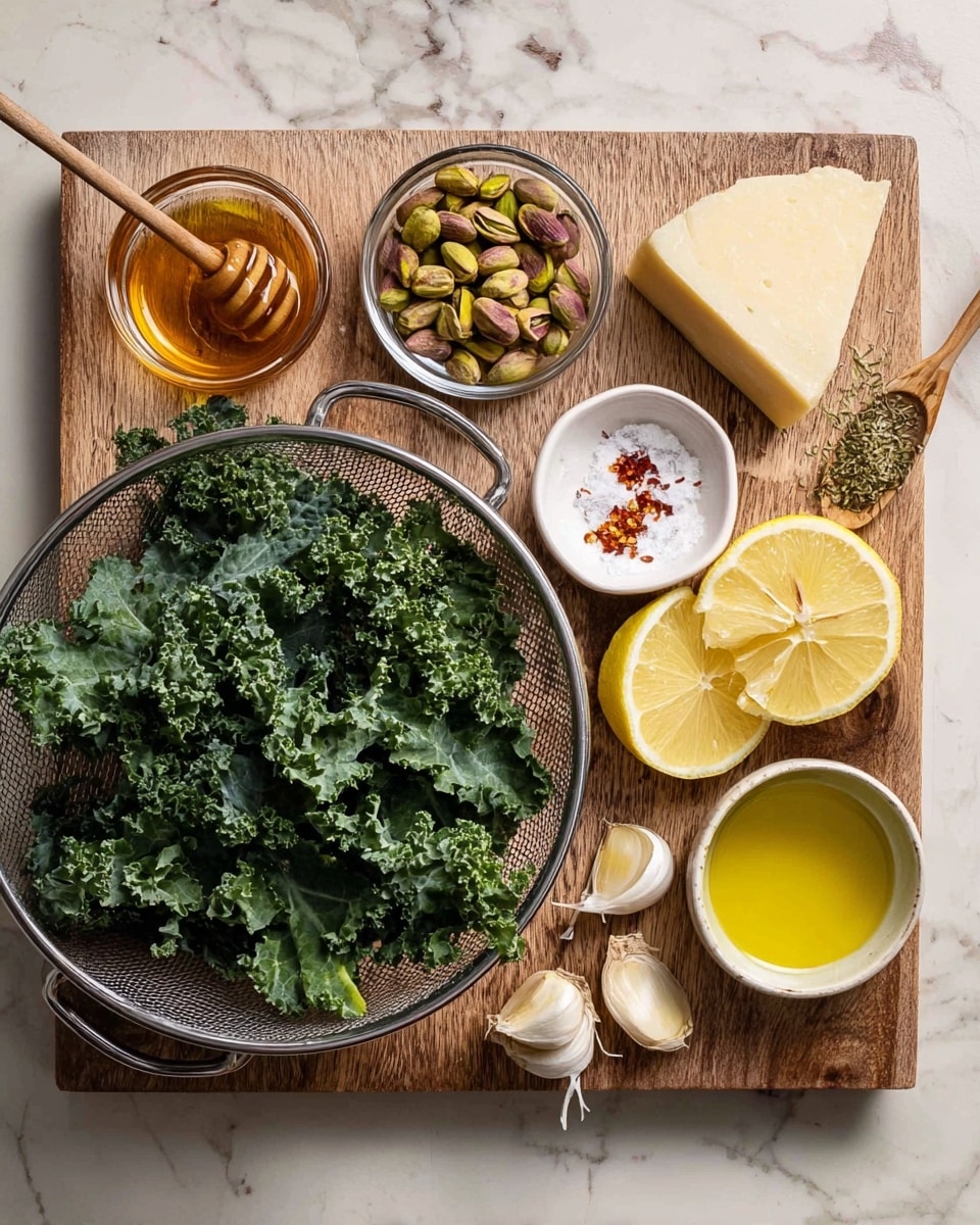 A wooden board on a white marbled surface holds ingredients arranged neatly: a large metal sieve filled with dark green curly kale leaves on the left; a small glass bowl with whole pistachios next to a wedge of pale yellow cheese at the top right; a small white dish with salt, red chili flakes, and dried herbs beside two lemon halves showing their bright yellow flesh; a small white bowl with amber honey and a small wooden honey dipper resting inside below the pistachios; a clear glass bowl with golden olive oil next to two garlic cloves, one whole and one peeled, lying at the bottom right area. Photo taken with an iphone --ar 4:5 --v 7